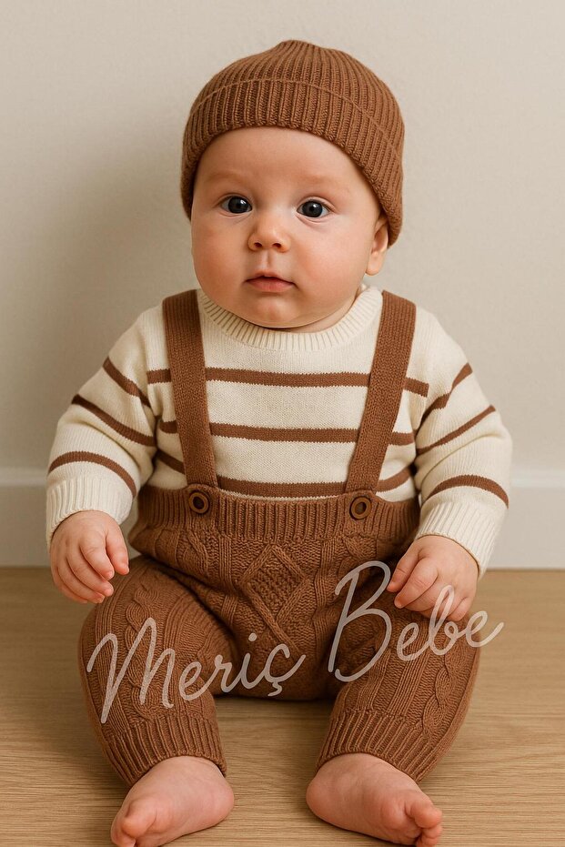 Baby Boy Striped Sweater Beret Argyle Patterned Salopet Gift Set of 3