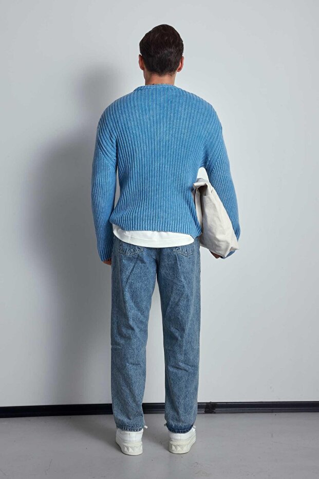 Men's Oversize Washed Effect Basic Sweater Blue - 7