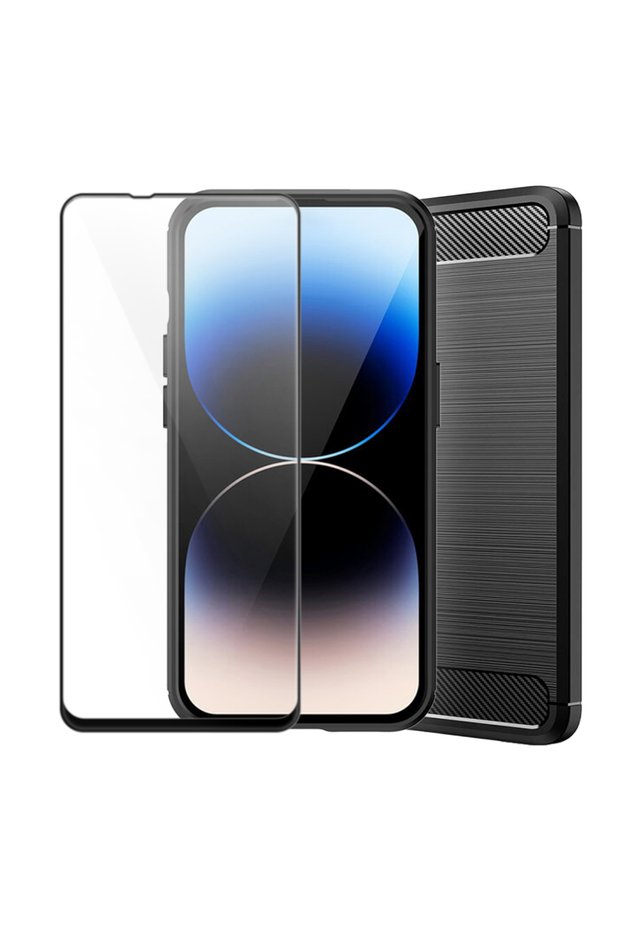 Carbon Back Case and 5D Glass Screen Protector Set for Apple iPhone 15 Plus 360, Black