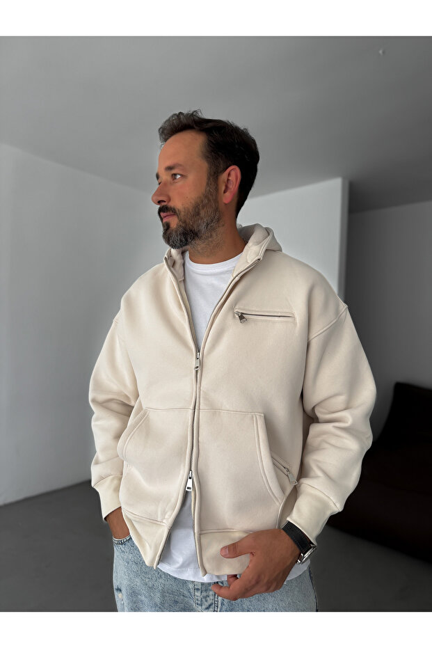 Bej Fermuar Cepli Kapüşonlu Sweatshirt YP-5015 - 6