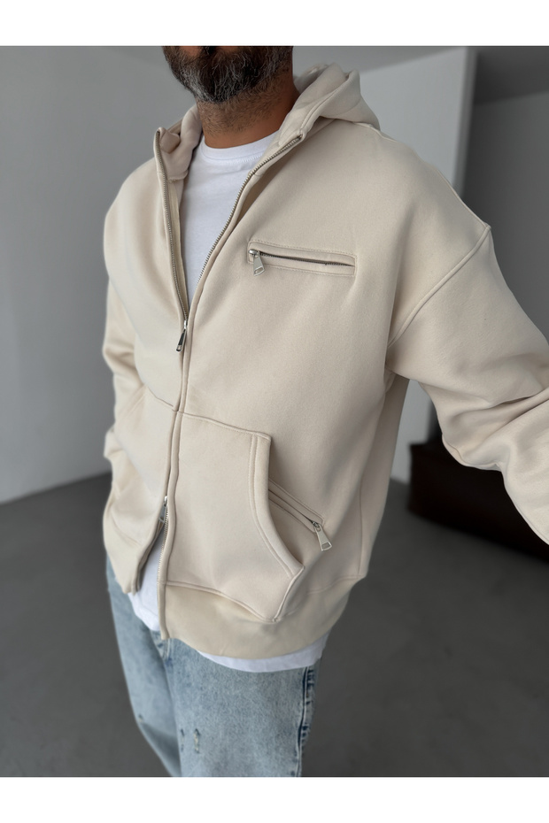 Bej Fermuar Cepli Kapüşonlu Sweatshirt YP-5015 - 5
