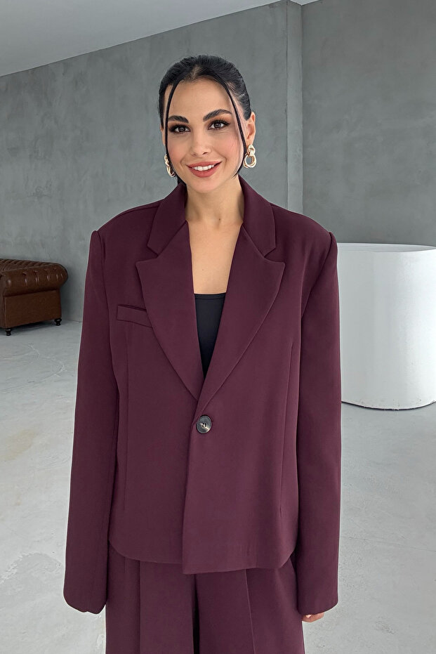 Mürdüm Oversize Tek Düğmeli Ceket Pantolon Takım - 4