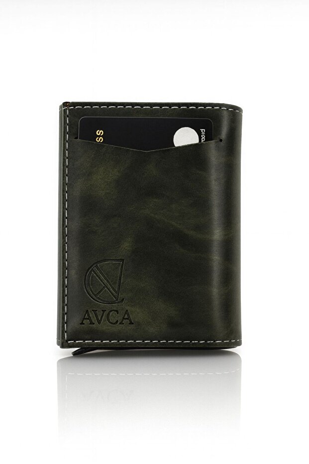 Vegan Leather Wallet Card Holder with Cash Compartment and Sliding Mechanism