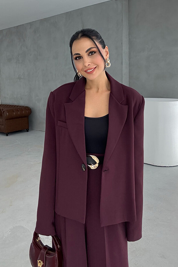 Mürdüm Oversize Tek Düğmeli Ceket Pantolon Takım - 2