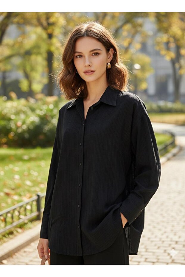 Oversize Siyah Basic Gömlek - 1