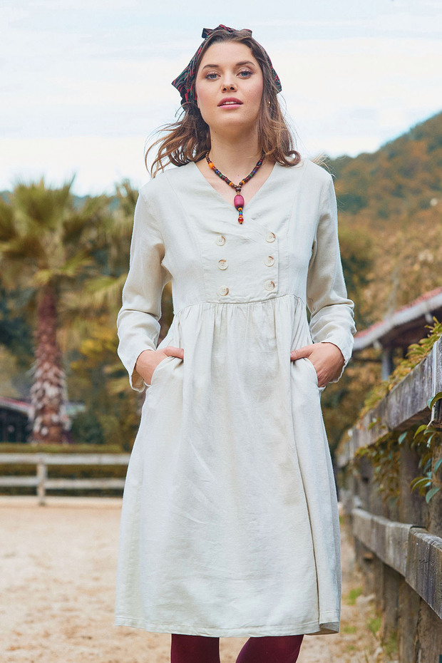 V-Neck Button Detail Zipper Closure Long Sleeve Dress