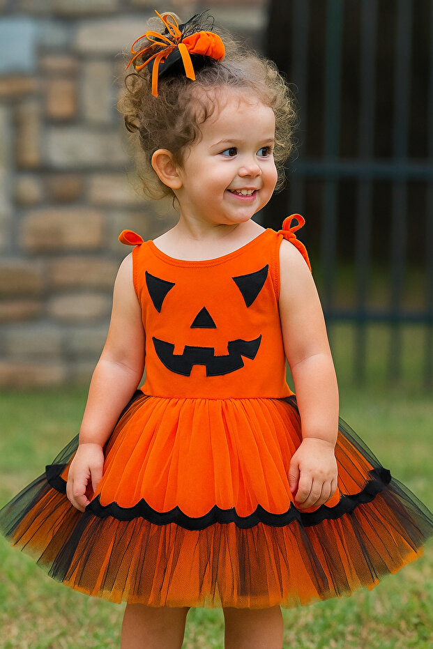 Halloween Special Orange -Black Pumpkin Girl Costume with Elastic Back and Buckle