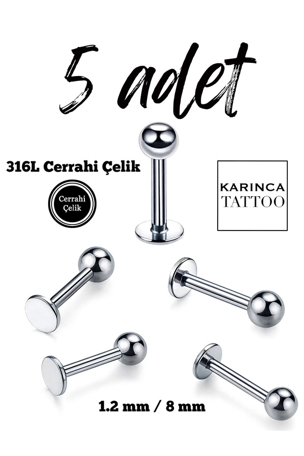 Cerrahi Çelik Piercing Set Dudak Snake Bites Labret Tragus Helix Conch Flat (5 Adet) - 1