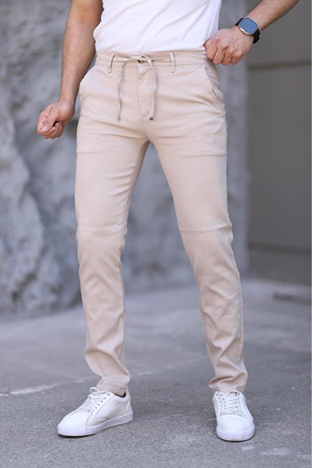 Men's Cream Slim Fit Stretchy Lycra Dobby Quality Linen Lace-Up Stylish Trousers