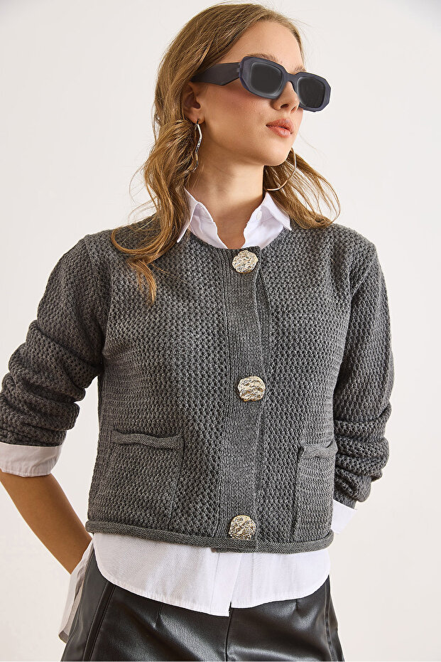 Women's Smoked Open Knit Pocketed Buttoned Thick Knitwear Jacket Ckt-19000480
