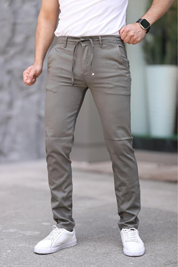 Men's Khaki Slim Fit Stretchy Lycra Dobby Quality Linen Lace-Up Stylish Trousers