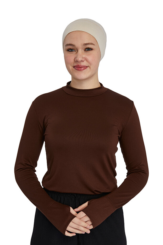 Finger-Looped Turtleneck Women's Bodysuit – Organic Viscose Lycra, Anti-Sweat - Chocolate