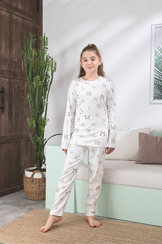 Children's Cat Pattern Lycra Soft Interlock Fabric Long Sleeve Pajama Set - 1