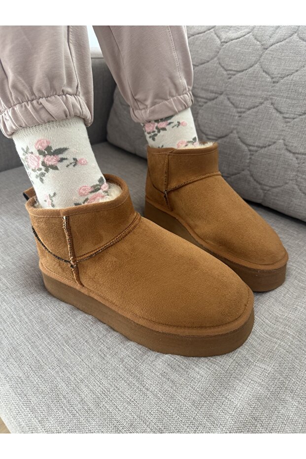 Fi̇ona Women's Boots with Fur Inside, Thick Sole, Brown Suede