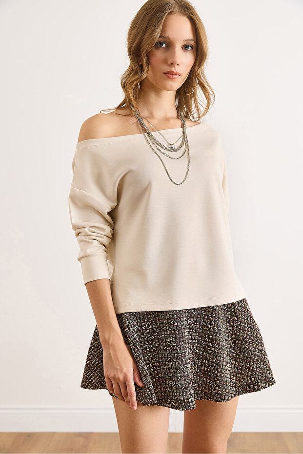 Women's Stone Modal Boat Neck Soft Textured Blouse Blz-19003131