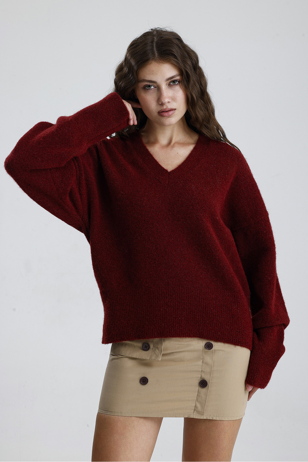 V Yaka Kadın Triko Kazak - 5