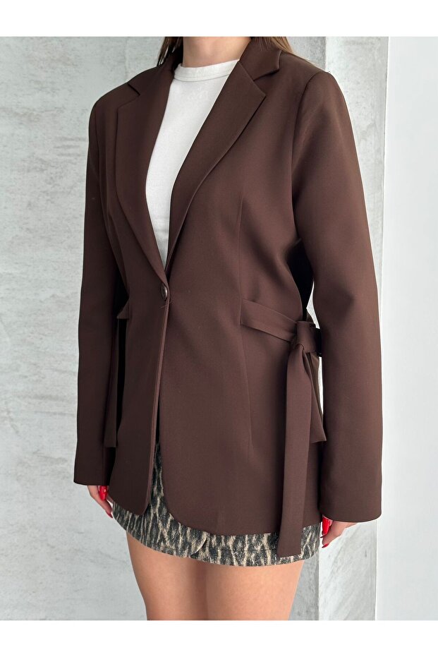 Women's Dabıl Fabric Single Button Blazer Jacket with Side Tie Detail