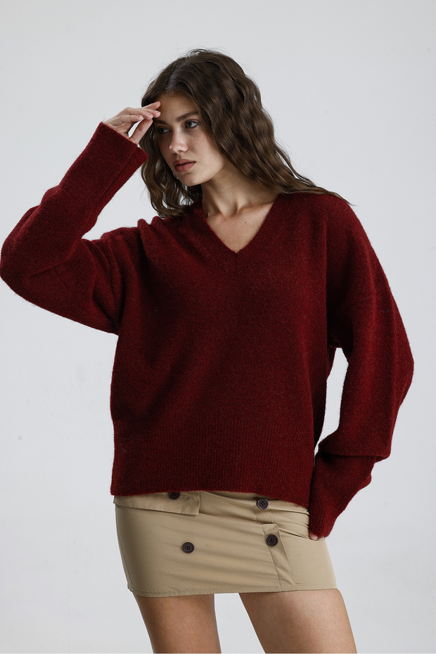 V Yaka Kadın Triko Kazak - 6