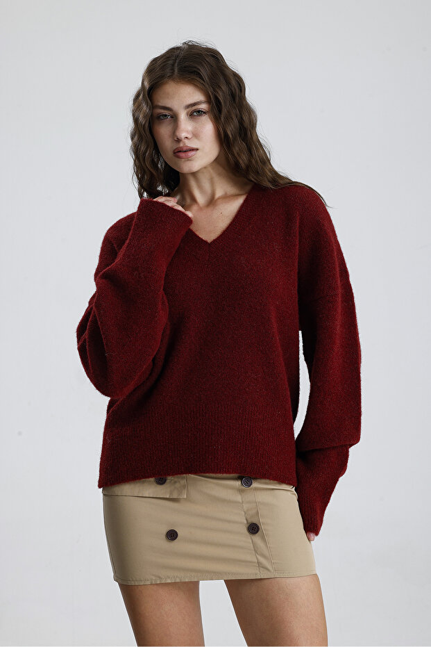 V Yaka Kadın Triko Kazak - 1