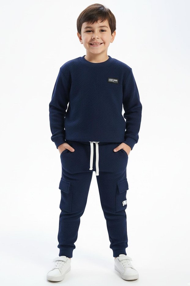 Seasonal Wrinkled Fabric Boys' Tracksuit Set with Pocket Detail