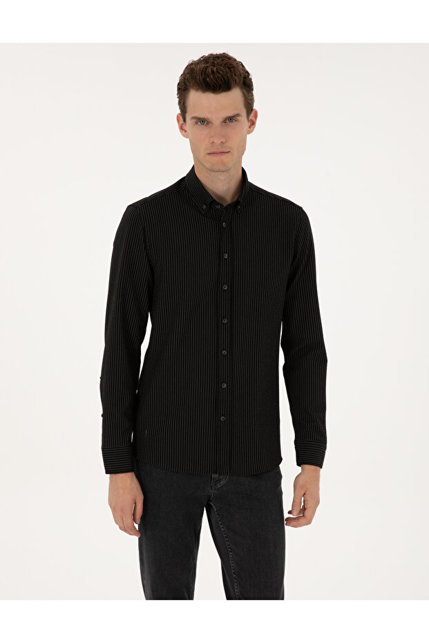 Black Line Printed Slim Fit Long Sleeve Shirt 50311110-Vr046