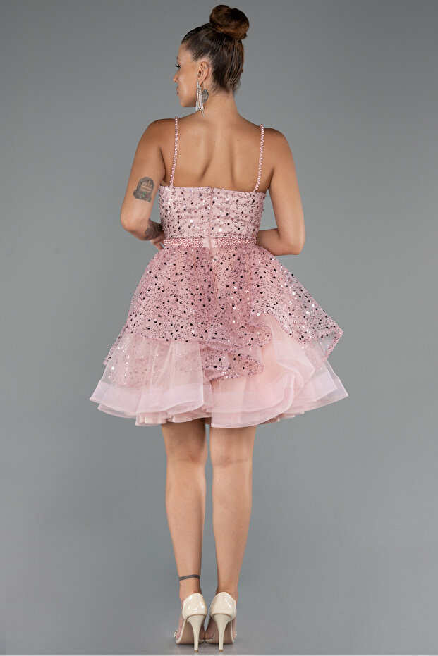 Pudra Askılı Kısa Pullu Abiye Elbisesi ABK2435 - 2