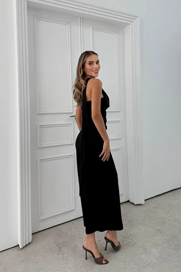 Tek Omuz Fularlı Uzun Sandy Elbise - 4