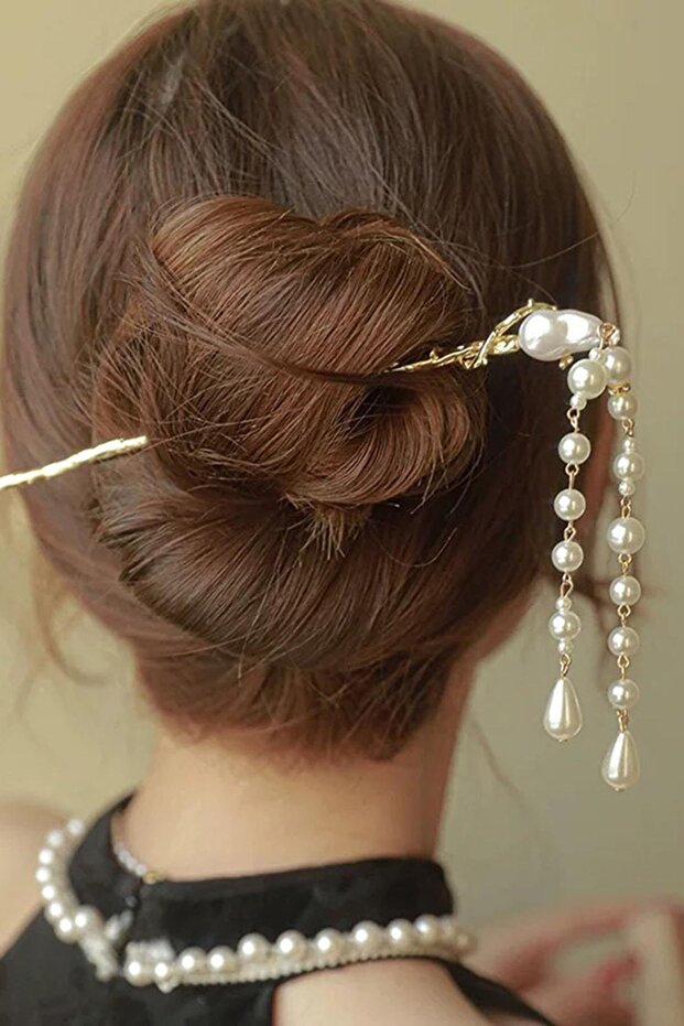 Gold Color Pearl Detailed Dangle Bun Hair Clip