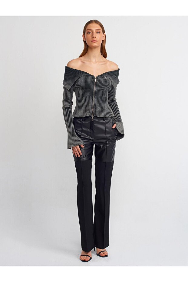 60206 Pale Effect Sleeve Slit Detailed Zippered Knitwear Cardigan-Anthracite