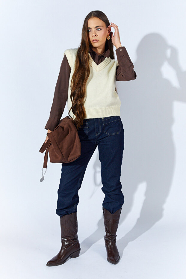 V Yaka Triko Basic Süveter - Krem | MKW535332-01 - 2
