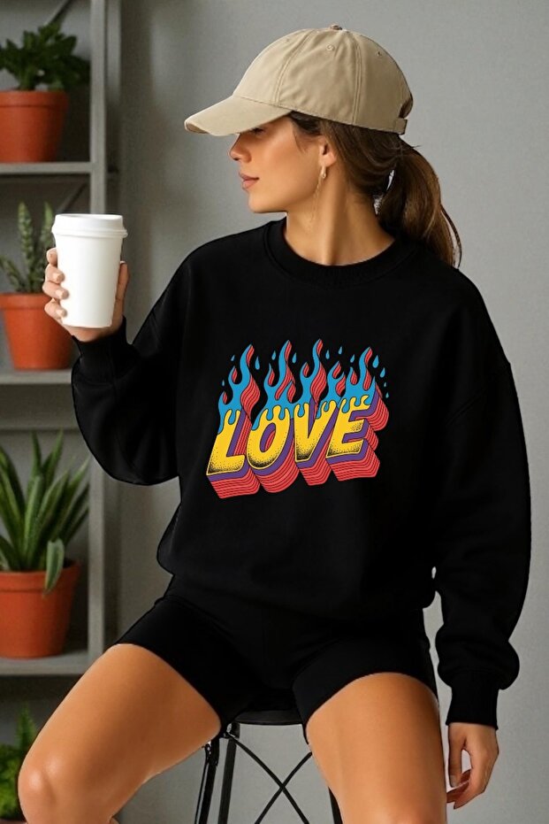 Unisex Long Sleeve Love Transfer Printed Crew Neck Sweatshirt