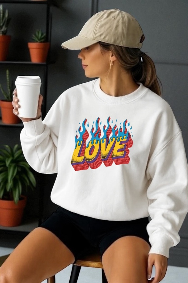 Unisex Long Sleeve Love Transfer Printed Crew Neck Sweatshirt