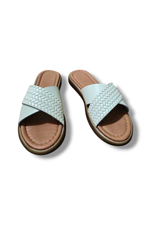 Women's Knitted Flat Genuine Leather Cross Strap Slippers