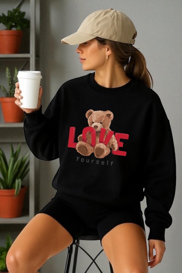 Unisex Long Sleeve Love Bear Transfer Printed Crew Neck Sweatshirt