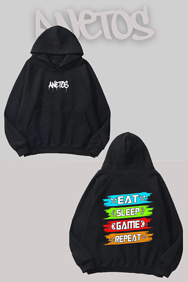 Eat Slaep Game Back Printed Black Hooded Sweatshirt