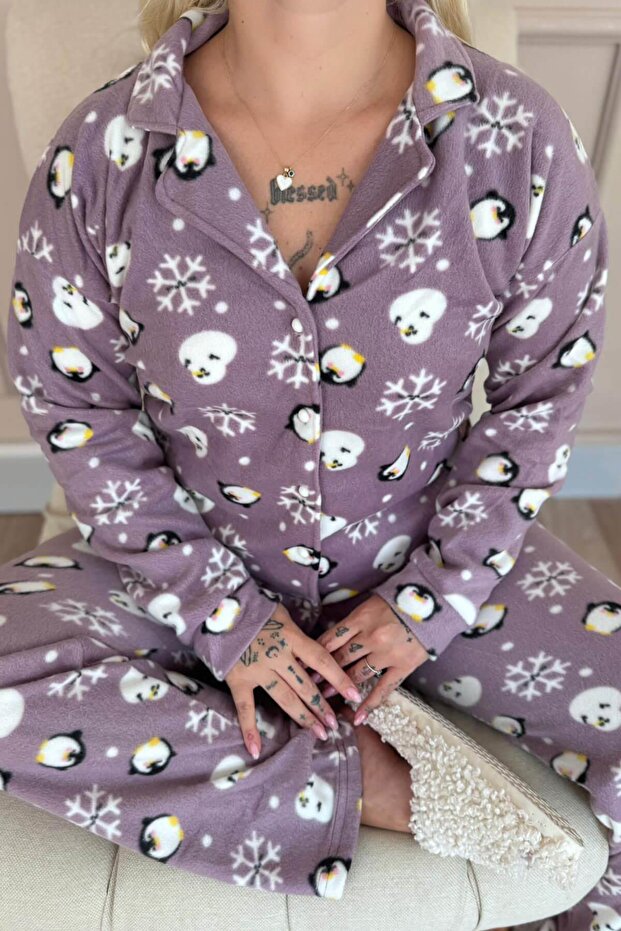 Lila Penguin Patterned Front Buttoned Plush Fleece Pajama Set - 5
