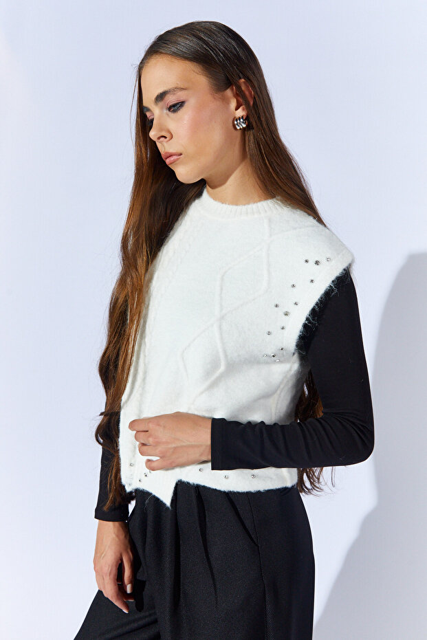 Taş Detaylı Asimetrik Triko Süveter - Ekru | MKW535343-01 - 3