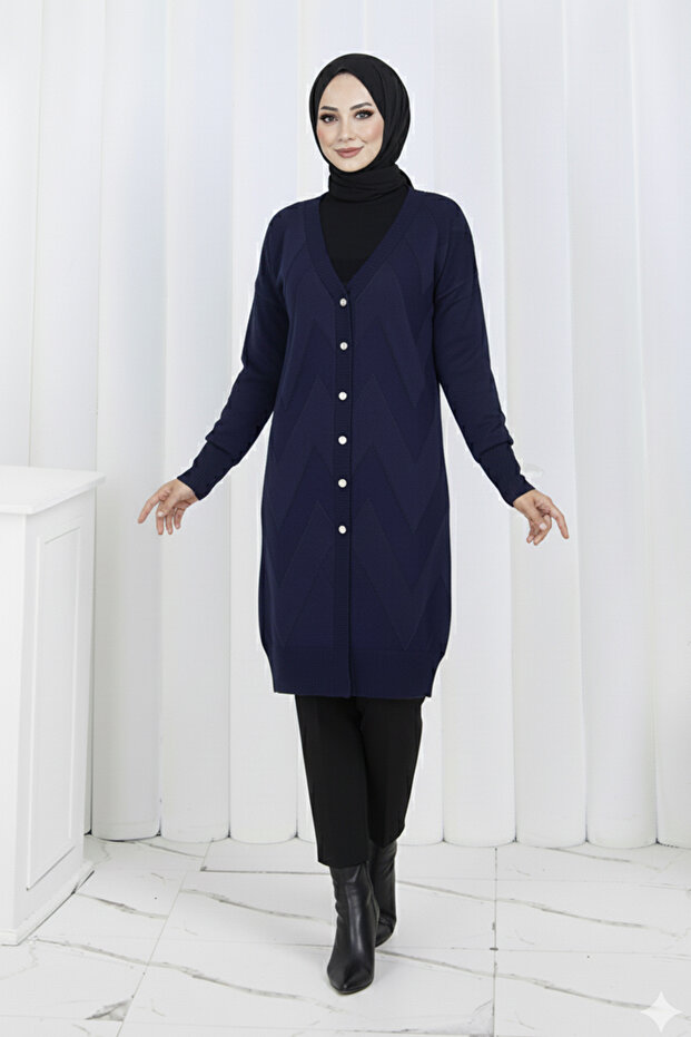 Patterned Long Mercerized Cardigan N3193 Navy Blue
