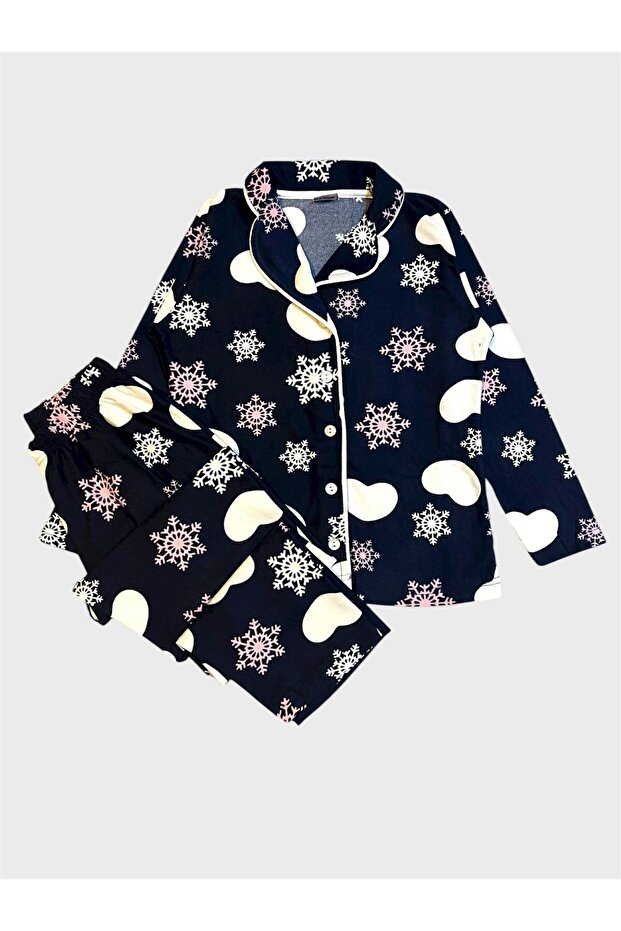 Mother Daughter Cotton Suede Fabric Navy Blue Snowflake Heart Pattern Shirt Collar Buttoned Pajamas Set