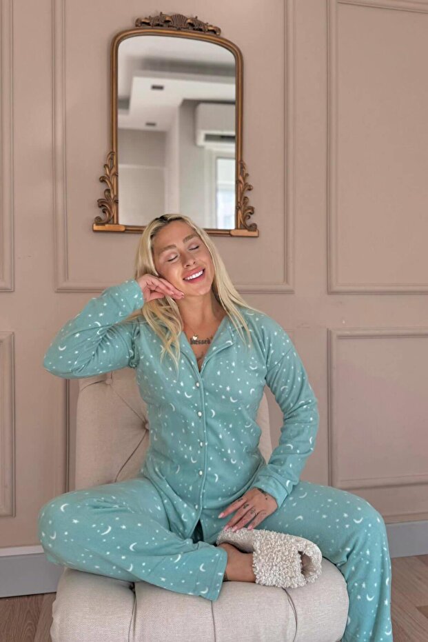 Mint Moon Stars Patterned Front Buttoned Plush Fleece Pajama Set - 3