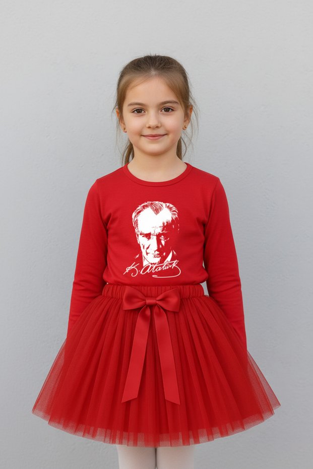 Girl's Red Long Sleeve Ataturk T-Shirt Tutu Skirt Set April 23 October 29 Performance Outfit