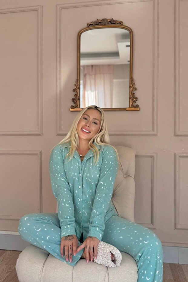 Mint Moon Stars Patterned Front Buttoned Plush Fleece Pajama Set - 4