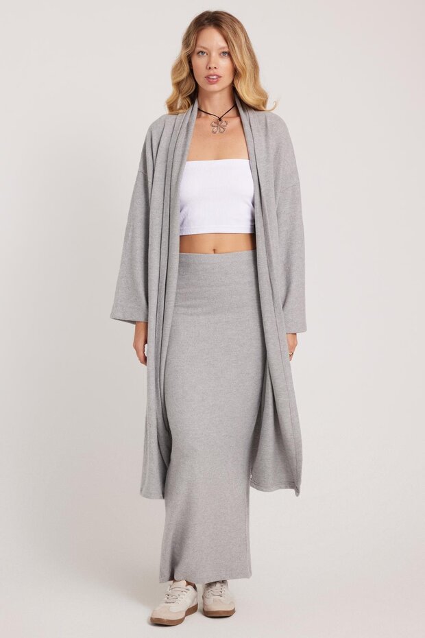 Women's Relax Fit Comfortable Cut Long Knitwear Gray Cardigan