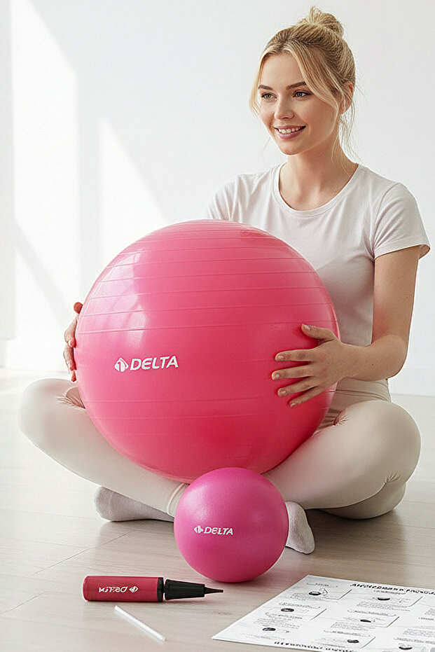 65 cm Pilates Ball Inflation Pump and 20 cm Balance Ball Set Exercise Ball 65cm Plates Set Fuchsia