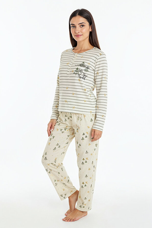 Elite Viscose Pajama Set with Six Pine Tree Patterns and Text on Top, Long Ecru 3568 - 3