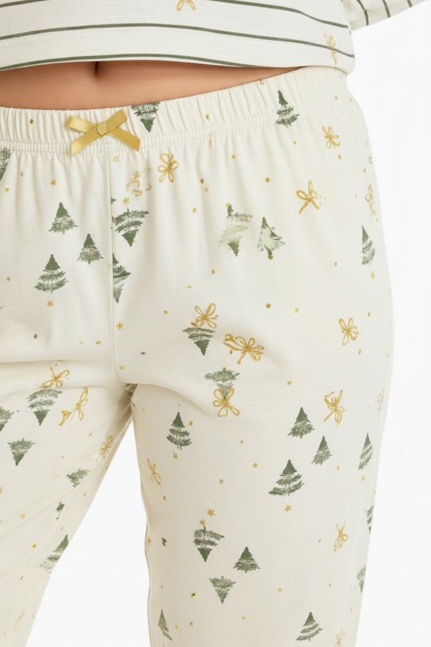 Elite Viscose Pajama Set with Six Pine Tree Patterns and Text on Top, Long Ecru 3568 - 5