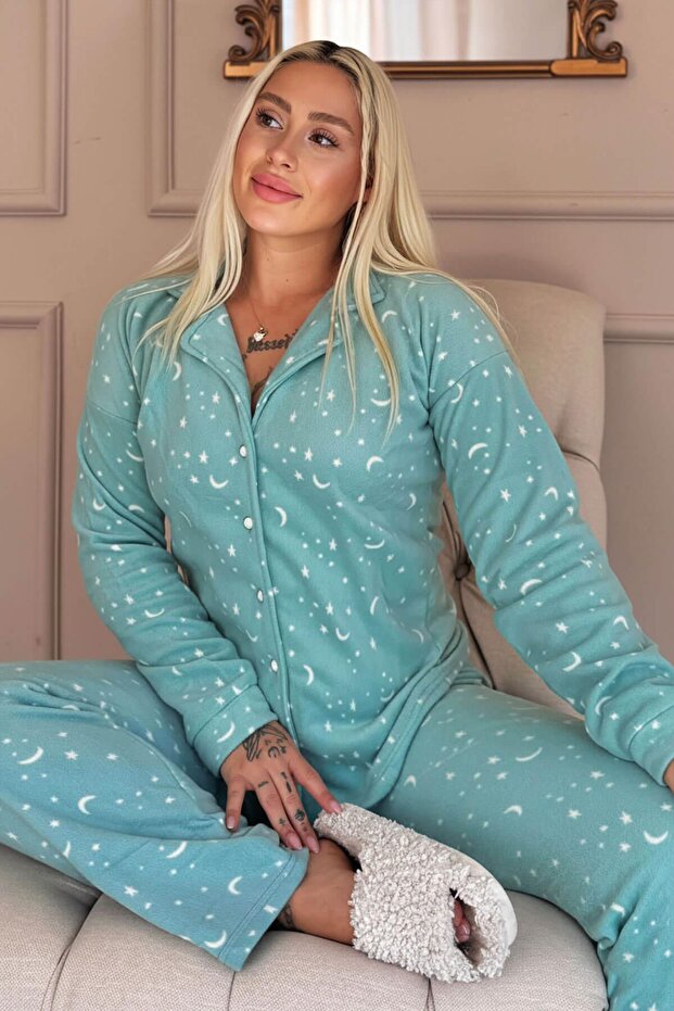 Mint Moon Stars Patterned Front Buttoned Plush Fleece Pajama Set - 1