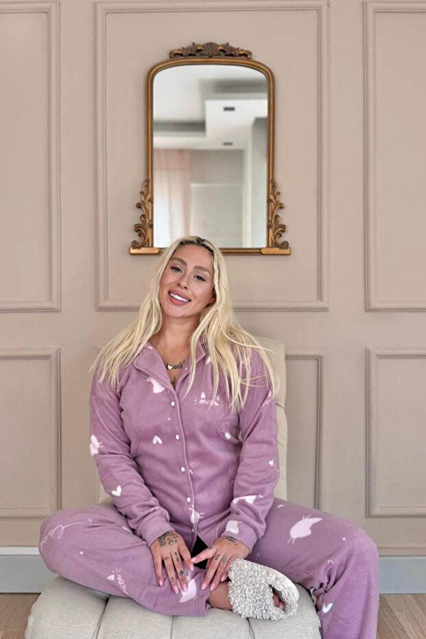 Pink Cat Patterned Front Buttoned Plush Fleece Pajama Set - 2