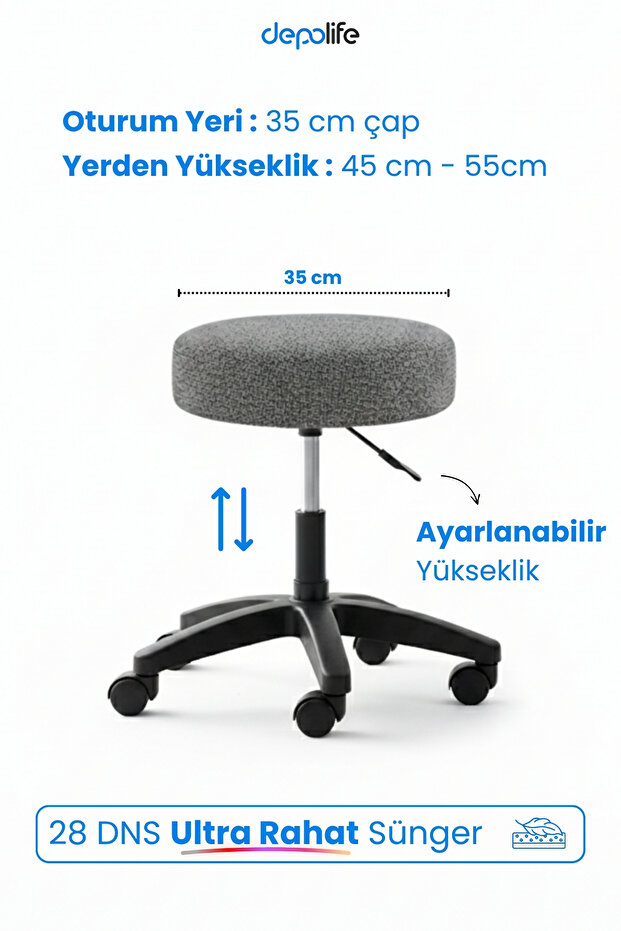 Tedy Yükseklik Ayarlı Ergonomik Ofis Kasiyer Sekreter Makyaj Tekerlekli Çalışma Taburesi - 3