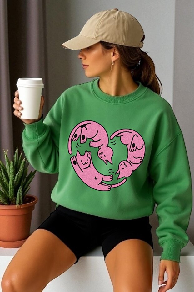 Unisex Long Sleeve Heart Cats Transfer Printed Crew Neck Sweatshirt
